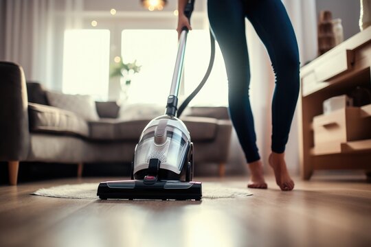 A woman is seen using a vacuum cleaner to clean the floor. This image can be used for household cleaning or home maintenance concepts