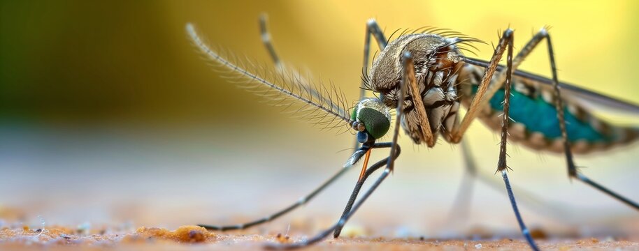 Beautiful illustration representing a macro close-up view of a blue mosquito, chest, legs, abdomen, wings, antennae, very close shot photograph, nice wild nature insect picture, beauty of wildlife 