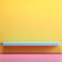 Fototapeta premium A colorful pastel empty shelf designed for product display against a yellow background, providing a lively and visually pleasing presentation space.