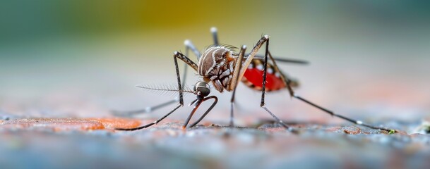 Beautiful macro photograph of a mosquito after biting someone, sucking blood, with full red abdomen, gnat bite and sting closeup illustration, six long hairy legs, antennae, bokeh blurred background - obrazy, fototapety, plakaty