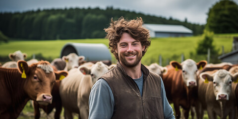 Tierwirt Fachrichtung Rinderhaltung lächelt in die Kamera, im Hintergrund eine Herde Rinder - obrazy, fototapety, plakaty