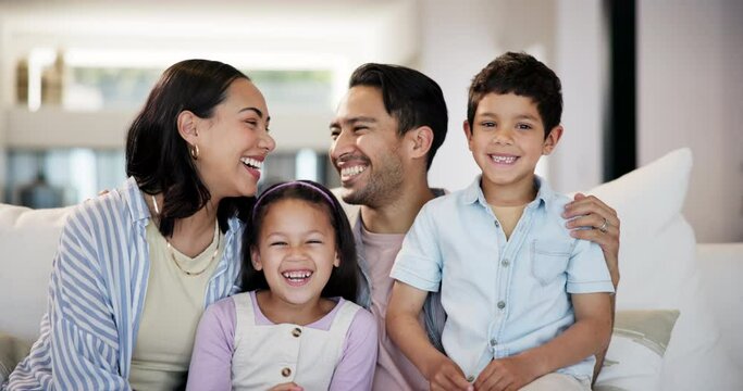 Happy family, face or mom with dad or children on sofa in home for care, safety or love together to relax. Smile, couch or proud mother with father or kids for support, trust or comfort in a house