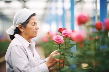 woman inspecting the quality of roses for wholesale purchase