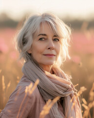 A beautiful middle aged woman posing in a fairy nature landscape