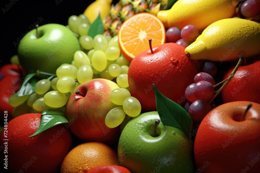 Poster a detailed view of a bunch of fruit. perfect for adding a pop of color to any design or for use in a