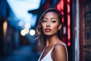 woman with glossy lips posing by a neon sign in a dark alley