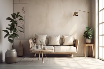 A contemporary room with a sofa, pillows, blanket, plant, and furniture interior design