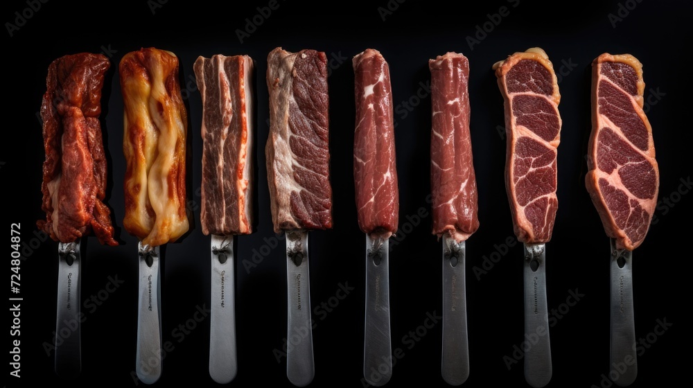 Poster A collection of knives with various types of meat on them. Perfect for food-related projects and culinary themes