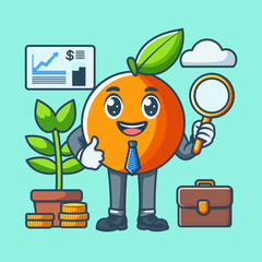 A vibrant and engaging illustration featuring a cheerful orange character dressed in business attire,
holding a magnifying glass, with financial growth 
elements in the background. Ideal for finance, 