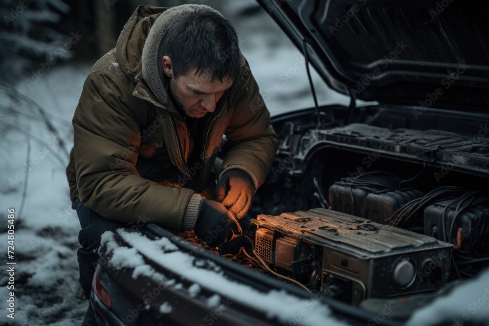 Aufkleber a man is seen working on a car engine in snowy conditions. this image can be used to depict winter c