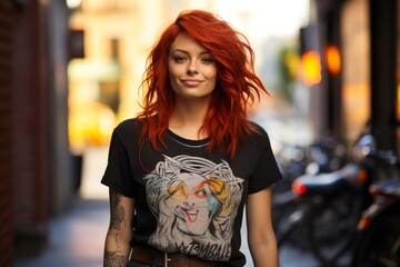 A stylish redhead woman in a cool black graphic tee, standing out against the backdrop of a...