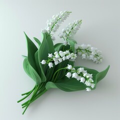Bouquet of lily of the valley flowers and leaves on a white background. AI created.
