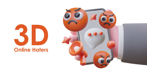 Fototapeta premium Online haters. 3D hand holding smartphone with red angry emoticons