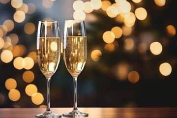 Holiday theme with two glasses of champagne. Blur of bottles in the background. AI created.
