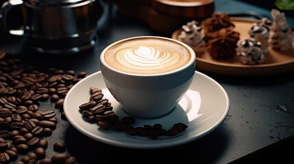 A cup of coffee on a saucer surrounded by coffee beans. Suitable for coffee shop promotions and advertisements