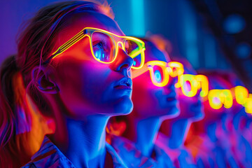 People with colored glasses in the night club looking at the dj generative ai