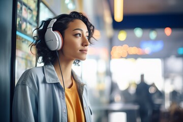 woman in headphones browsing a music streaming app