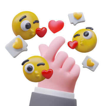 Realistic hand showing heart sing. Flying yellow emoticons with kisses reactions and messages