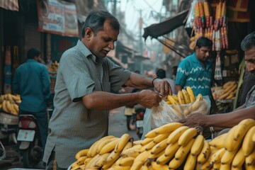 Salesman helping the his customer putting the bananas in a plastic bag on a street market 