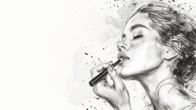 delicate pencil drawing, a woman applies lots of makeup, ink splatter, wallpaper style