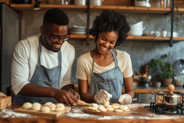 Fototapeta na wymiar Young African American couple making homemade cookies at their kitchen 