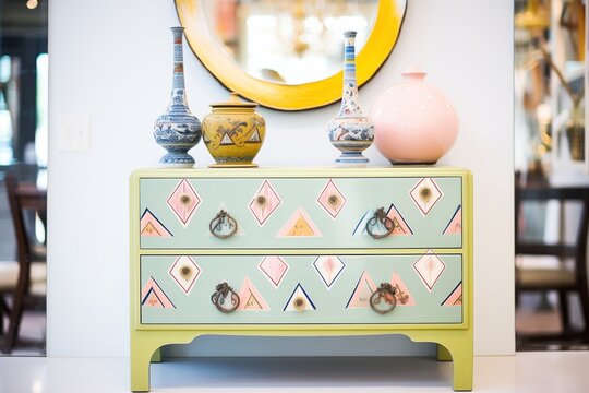dresser with decorative knobs and a glass top