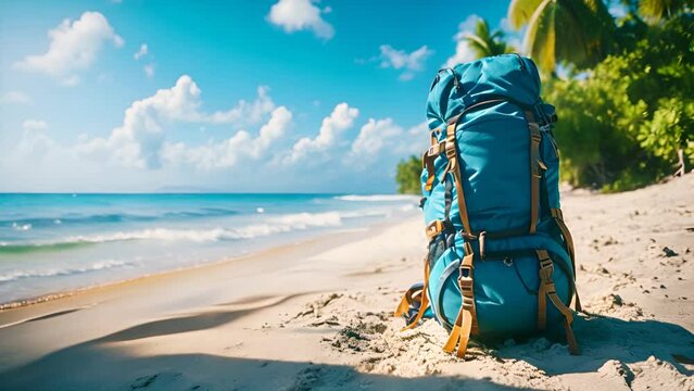 Backpack on the beach. Vacation and travel concept. Copy space
