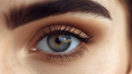 Fototapeta premium Beautiful blonde with laminated eyebrows. Close-up of laminated and stained eyebrows. Eyebrow Care Trend. Laminating and Extension for Lashes. Beauty Model with Long Eyelashes and Brows.