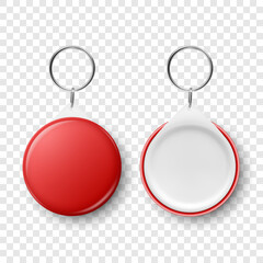 Vector 3d Realistic Red Blank Round Button Badge with Ring Holder Closeup, Isolated. ID Badge Design Template, Mockup. Design Template for Access Pass, Identification, Events. Front, Back Side View