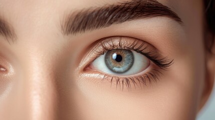 Obraz premium Beautiful blonde with laminated eyebrows. Close-up of laminated and stained eyebrows. Eyebrow Care Trend. Laminating and Extension for Lashes. Beauty Model with Long Eyelashes and Brows.