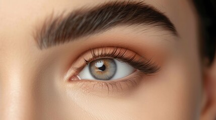 Obraz premium Beautiful blonde with laminated eyebrows. Close-up of laminated and stained eyebrows. Eyebrow Care Trend. Laminating and Extension for Lashes. Beauty Model with Long Eyelashes and Brows.