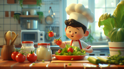 3d illustration of a little chef in the kitchen with vegetables.
