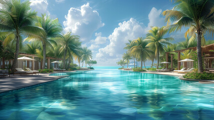 Swimming pool in tropical resort with palm trees. 3d rendering