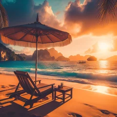 Fotobehang Outdoor with umbrella and chair on beautiful tropical beach and sea at Sunset time - Vintage Filter © Sergiu
