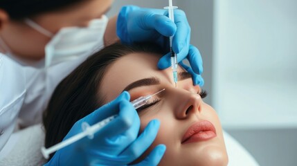 Cosmetologist makes rejuvenating anti wrinkle injections on the face of a beautiful woman. Female aesthetic cosmetology in a beauty salon. - obrazy, fototapety, plakaty