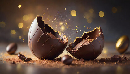 Cracked chocolate Easter egg on a dark black background