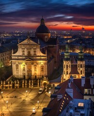 Kraków - poranny widok z drona na panoramę miasta - obrazy, fototapety, plakaty