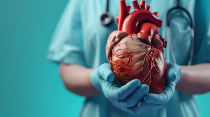 Doctor hand hold human organ heart on blue background - obrazy, fototapety, plakaty