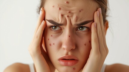 Fototapeta premium Health dermatology skin problem. Acne pimples on face skin. Caucasian sad woman looking for wrinkles on her face isolated in white background.