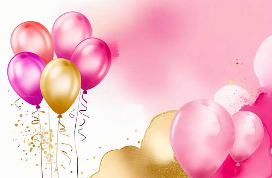 Gold and pink foil balloons on a pastel pink background with copy space. Modern watercolor background or elegant card design for birthday invite or wedding with golden splashes.