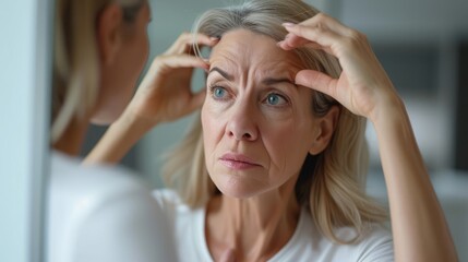 Mature Woman Looking In Mirror And Touching Wrinkles On Her Face, Upset Beautiful Senior Female Examining Fine Lines On Forehead, Suffering Skin Aging, Selective Focus On Reflection, Closeup