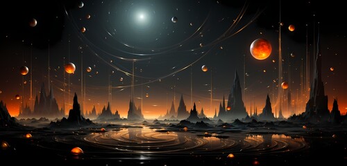 Obraz premium An AI-composed celestial ballet, with planets and stars moving in harmonious choreography against a pure black backdrop