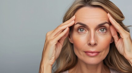 Naklejka premium Portrait of pretty, charming, attractive middle aged woman with perfect face skin checking wrinkles on her forehead, holding fingers on brow, isolated on grey background