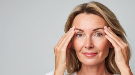 Fototapeta premium Portrait of pretty, charming, attractive middle aged woman with perfect face skin checking wrinkles on her forehead, holding fingers on brow, isolated on grey background