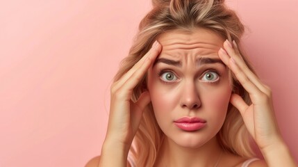 Fototapeta premium Portrait of upset lady touch fingers forehead look wrinkles apply anti aging lotion isolated pastel color background
