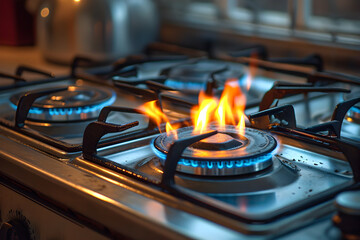 Gas stove in smoke. Concept of reducing gas use to reduce emissions into the atmosphere - obrazy, fototapety, plakaty