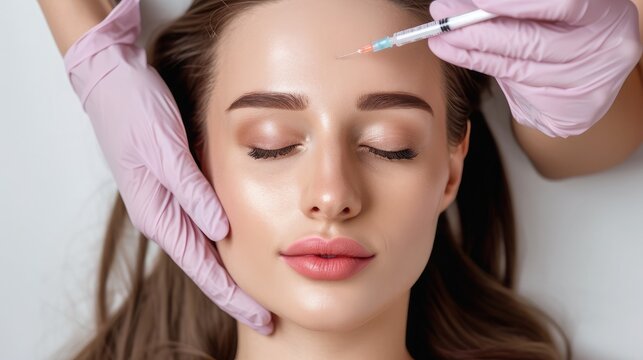 Portrait of young Caucasian woman getting botox cosmetic injection in forehead. Beautiful woman gets botox injection in her face.