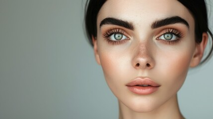 Fototapeta premium Pretty girl with black hair fixed behind, big eyes, thick eyebrows and naked shoulders at gray background, copy space, beauty photo, close up
