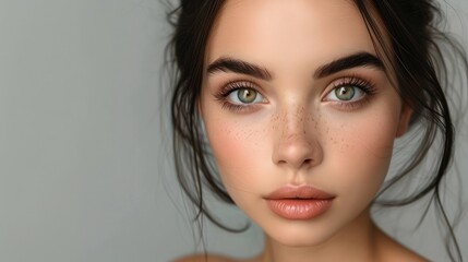 Fototapeta premium Pretty girl with black hair fixed behind, big eyes, thick eyebrows and naked shoulders at gray background, copy space, beauty photo, close up