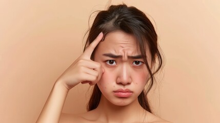 Fototapeta premium Problem skin concept. Upset asian girl with nude shoulders, with problem skin, pointing finger at pimple on forehead while standing over isolated beige background,